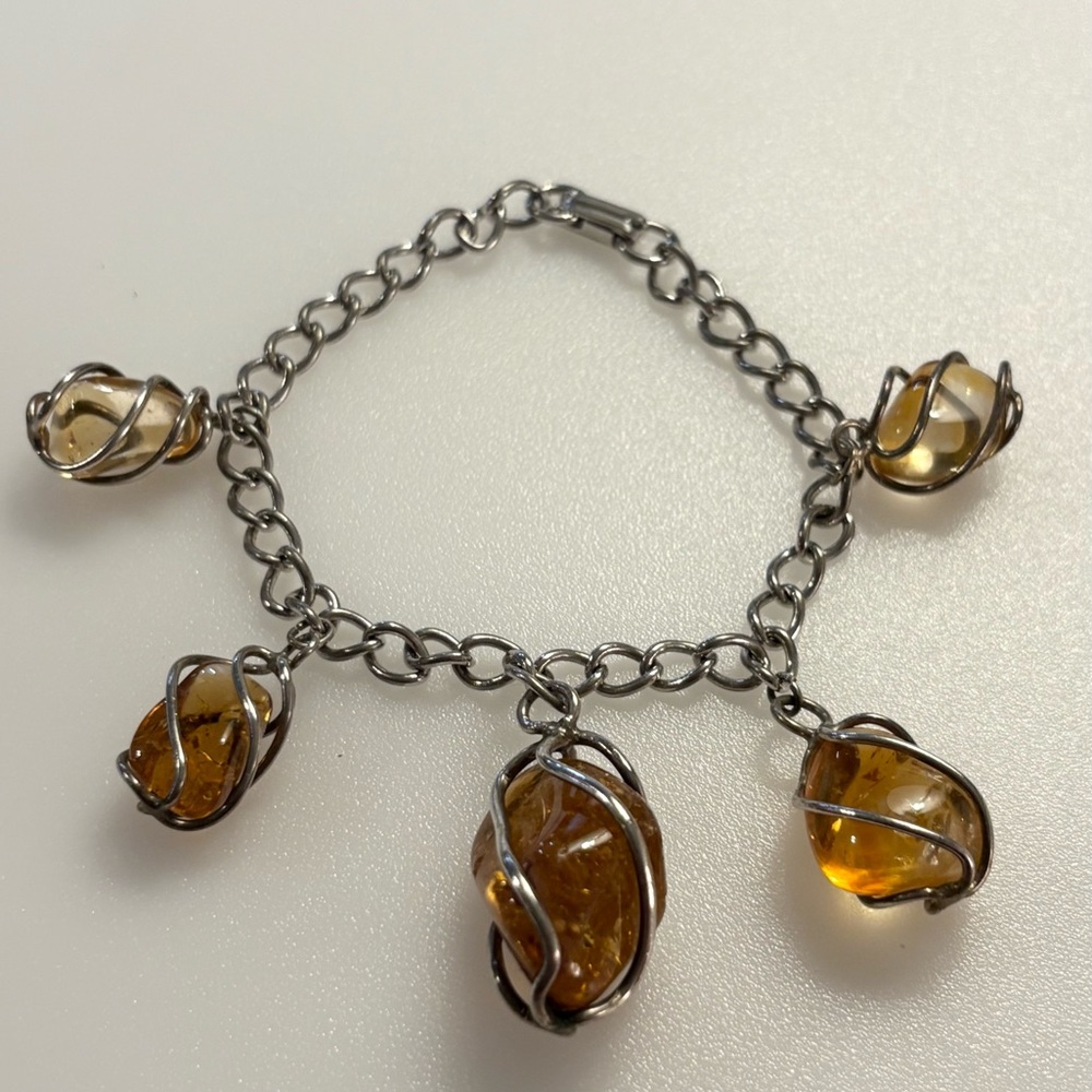 Vintage Artisan Made Sterling Silver Tone Amber Glass Bracelet